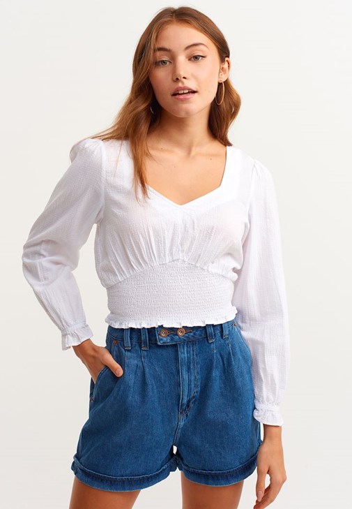 Beyaz Gipeli Balon Kol Bluz