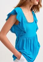 Women Blue Square Neck Blouse with Ruffle Detail