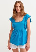 Women Blue Square Neck Blouse with Ruffle Detail