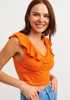 Bayan Turuncu Fırfır Detaylı V Yaka Atlet