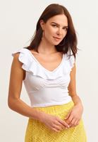 Bayan Beyaz Fırfır Detaylı V Yaka Atlet