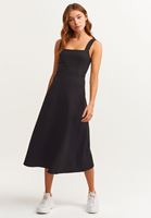 Bayan Siyah Midi Boy Kalın Askılı Elbise