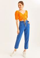 Bayan Mavi Çift Kemer Detaylı Yüksek Bel Pantolon ( TENCEL™ )