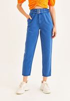 Bayan Mavi Çift Kemer Detaylı Yüksek Bel Pantolon ( TENCEL™ )