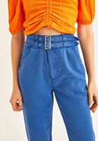 Bayan Mavi Çift Kemer Detaylı Yüksek Bel Pantolon ( TENCEL™ )