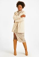 Bayan Krem Cep Detaylı Kapüşonlu Kaban