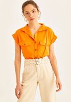 Bayan Turuncu Cep Detaylı Kolsuz Gömlek