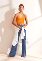 Bayan Mavi Yüksek Bel Jakarlı Bol Pantolon