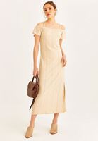 Bayan Bej Kayık Yaka Midi Boy Elbise