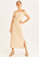 Bayan Bej Kayık Yaka Midi Boy Elbise