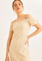 Bayan Bej Kayık Yaka Midi Boy Elbise