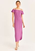 Bayan Pembe Kayık Yaka Midi Boy Elbise