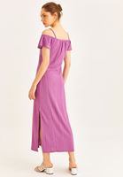 Bayan Pembe Kayık Yaka Midi Boy Elbise