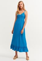 Bayan Mavi Romantik Nakışlı Midi Elbise