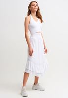 Bayan Beyaz Bel Detaylı Midi Boy Etek