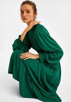 Bayan Yeşil Dik Yaka Uzun Elbise