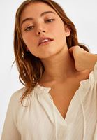 Bayan Beyaz Fırfır Detaylı V Yaka Bluz