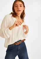 Bayan Beyaz Fırfır Detaylı V Yaka Bluz