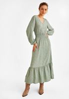 Bayan Çok Renkli V Yaka Desenli Uzun Elbise 