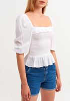 Bayan Beyaz Kare Yaka Romantik Bluz