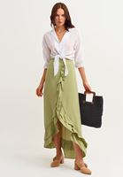 Women Green Ruffle Detail Midi Skirt