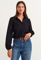 Bayan Siyah Beli Lastik Detaylı Gömlek