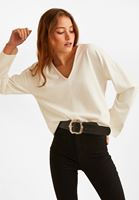 Bayan Krem V Yaka Uzun Kollu Bluz