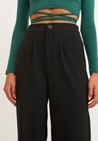 Bayan Siyah Beli Lastik Detaylı Wide-Leg Pantolon