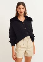 Bayan Siyah Vegan Kürk Detaylı Triko Hırka