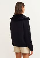 Bayan Siyah Vegan Kürk Detaylı Triko Hırka