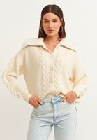 Bayan Krem Vegan Kürk Detaylı Triko Hırka