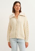 Bayan Krem Vegan Kürk Detaylı Triko Hırka