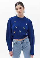 Bayan Lacivert Nakış Detaylı Triko Kazak