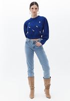 Bayan Lacivert Nakış Detaylı Triko Kazak