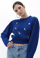 Bayan Lacivert Nakış Detaylı Triko Kazak