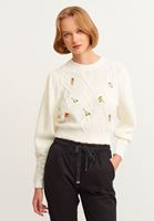 Bayan Krem Nakış Detaylı Triko Kazak