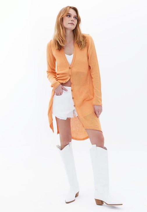 Turuncu Yanları Yırtmaçlı Triko Hırka