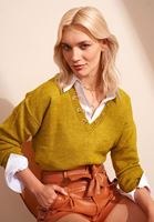 Bayan Yeşil Aksesuar Detaylı V Yaka Triko