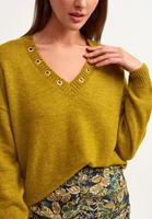 Bayan Yeşil Aksesuar Detaylı V Yaka Triko