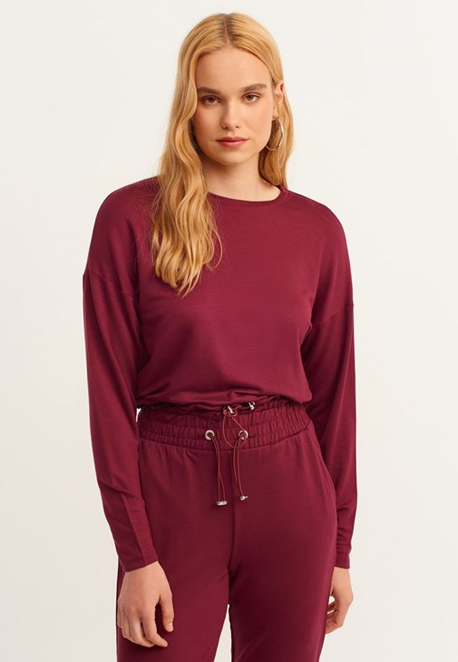 Bordo Bel Detaylı Sıfır Yaka Sweatshirt