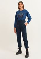 Bayan Mavi Nakışlı Crop Sweatshirt