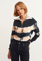 Bayan Siyah Batik Desenli Fermuarlı Sweatshirt