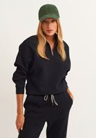Bayan Siyah Pamuklu Fermuar Detaylı Sweatshirt