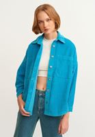 Bayan Mavi Oversize Kadife Gömlek