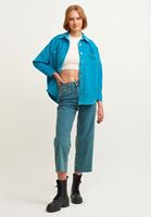 Bayan Mavi Oversize Kadife Gömlek