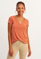 Bayan Turuncu Yumuşak Tuşeli V Yaka Tişört ( MODAL )