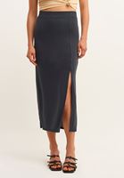 Bayan Siyah Yumuşak Dokulu Yırtmaçlı Midi Etek ( MODAL )