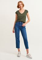 Bayan Yeşil Pamuklu V-Neck Tişört