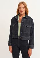 Bayan Siyah Cep Detaylı Crop Denim Ceket