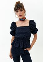 Bayan Lacivert Fırfırlı Kare Yaka Bluz